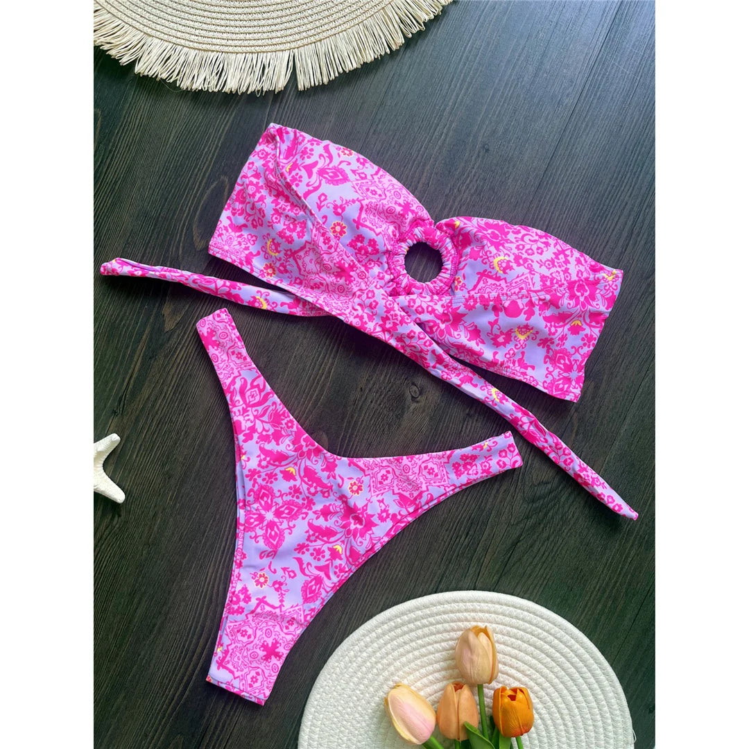 Sexy Colorful Floral Printed Bandeau Bikini Female Swimsuit Women Swimwear Two-pieces Bikini set Bather Bathing Suit Swim K6137
