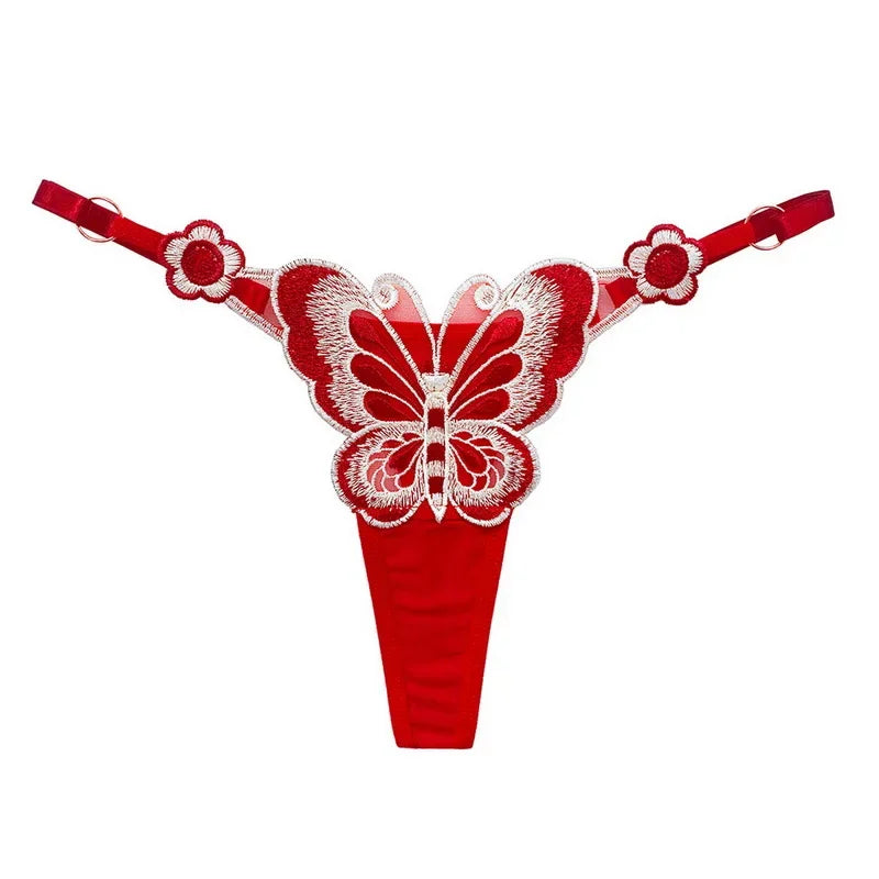 Butterfly Embroidery Thongs G Strings Sexy Underwear Women's Thong Transparent Mesh Panties Adjustable Low Waist Briefs Lingerie