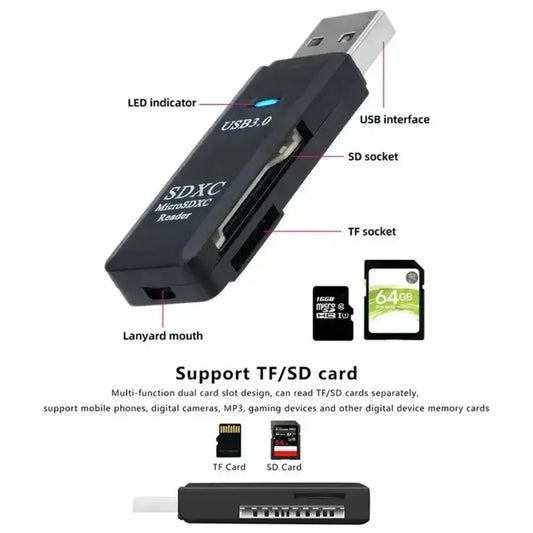 Lecteur de cartes multifonction 2 en 1 USB 3.0/2.0 haute vitesse, compatible avec cartes TF et SD, pour ordinateur, tablette, appareil photo, ordinateur portable, voiture