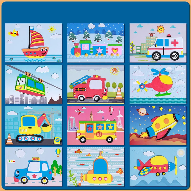12 Pcs/Set 3D EVA Foam Handmade Sticker Cartoon Animal Vehicle Style DIY Stickers for Kindergarten Kids Gift