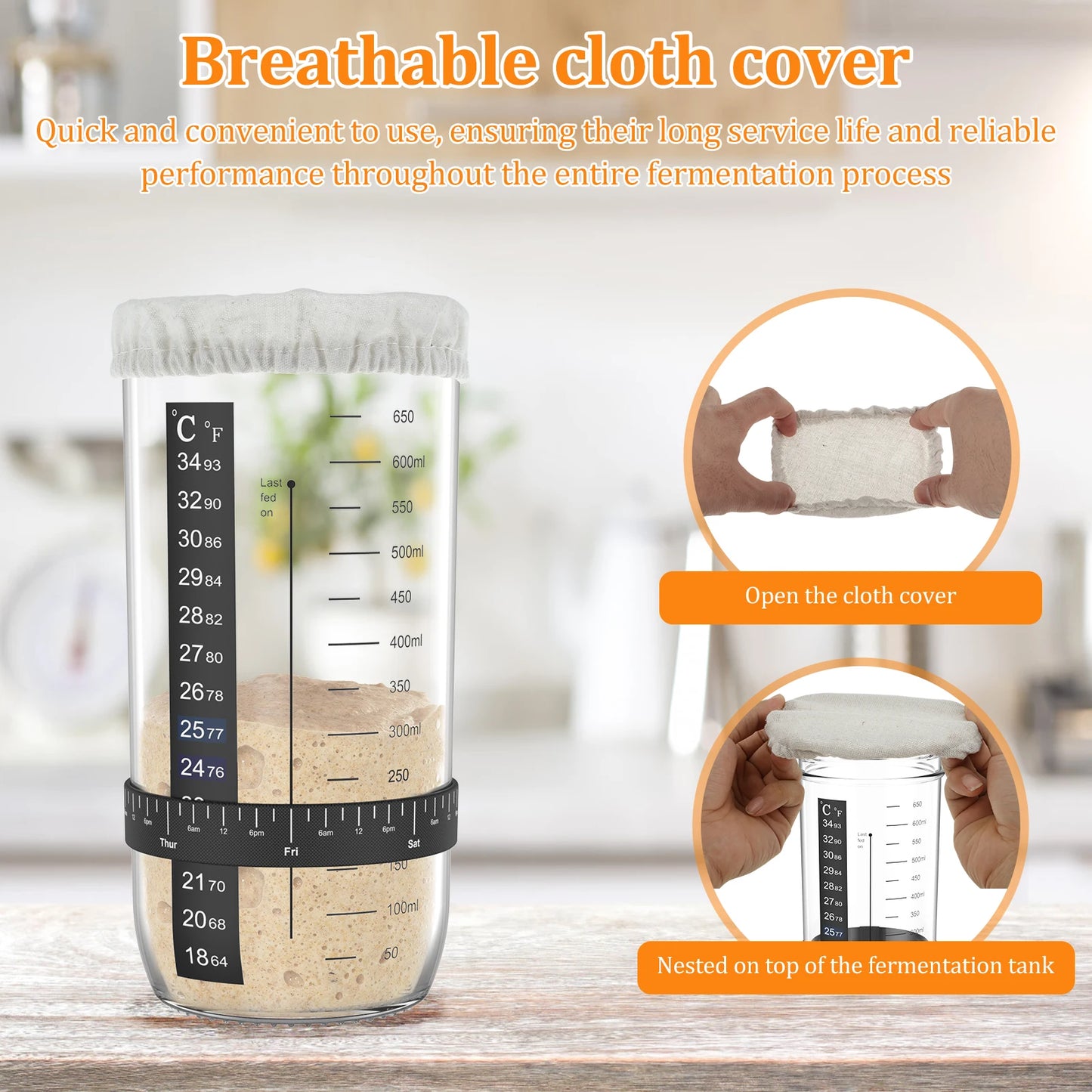 7Pcs Sourdough Starter Kit with Cloth Covers Temperature Date Marked Feeding Bands and Scraper for 3-4 In Jars Baking Supplies