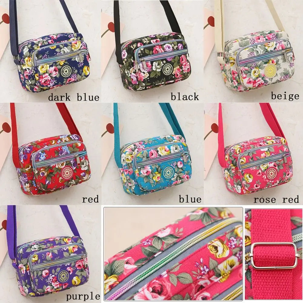 Casual Backpack Messenger Nylon Canvas Cloth Bag Shoulder Multi Layered Floral Print Mother Handbag Women's Crossbody Bag