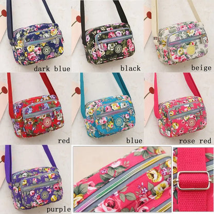 Casual Backpack Messenger Nylon Canvas Cloth Bag Shoulder Multi Layered Floral Print Mother Handbag Women's Crossbody Bag
