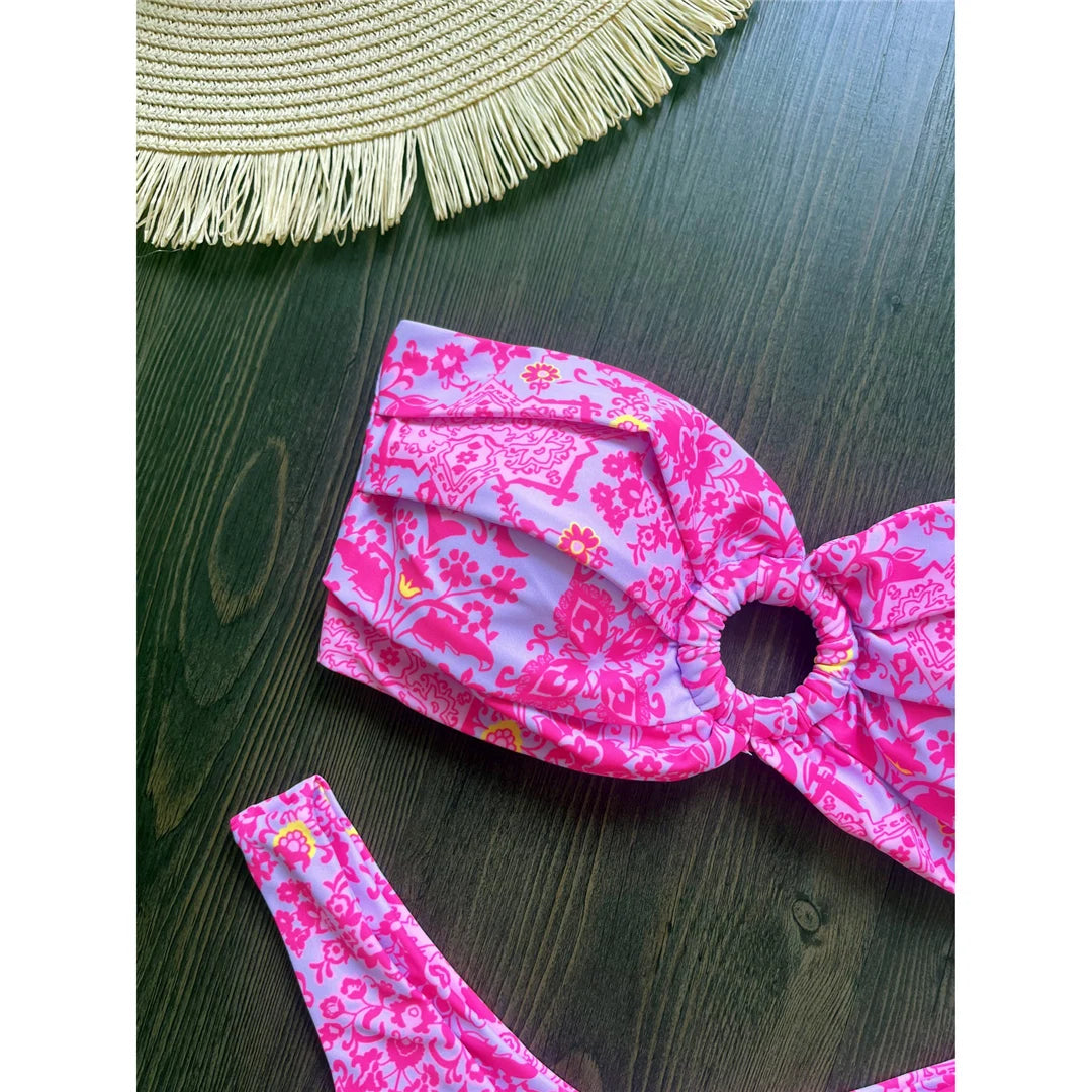 Sexy Colorful Floral Printed Bandeau Bikini Female Swimsuit Women Swimwear Two-pieces Bikini set Bather Bathing Suit Swim K6137