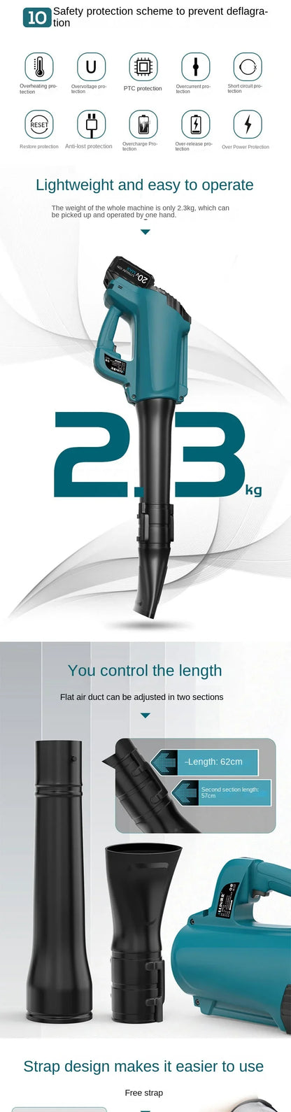 Souffleur électrique sans balais et sans fil 20 V 460 CFM 120 MPH Souffleur et aspiration Collecteur de poussière portatif pour souffleur de feuilles de jardinage