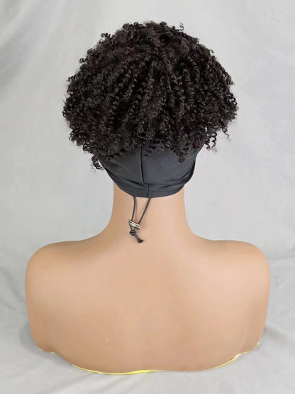 200% Density 1BT30 Afro Kinky Curly Scarf Wig with Bangs Machine Made Wig Curly 100% Human Hair Wig Preplucked for Black Women
