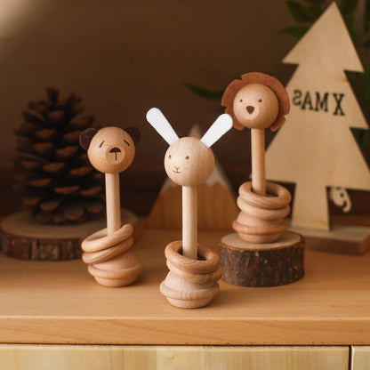 1pc Baby Rattles Toys Beech Wooden Animal Rattles Music Hand Bells Toys Newbron Montessori Educational Mobile Rattle Blocks Toys