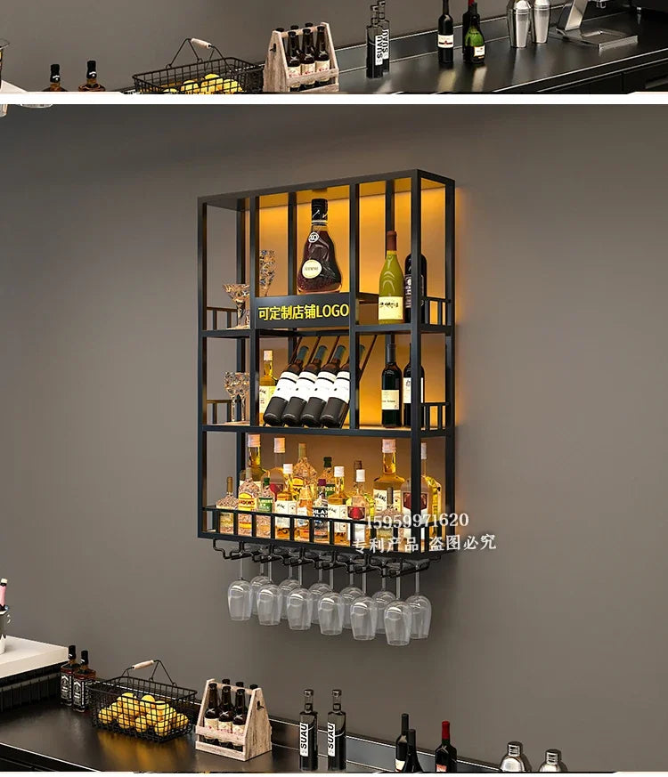 Customized: bar counter wine cabinet against the wall, hanging shelves, industrial style bar, wrought iron display stand,