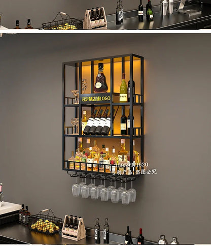 Customized: bar counter wine cabinet against the wall, hanging shelves, industrial style bar, wrought iron display stand,