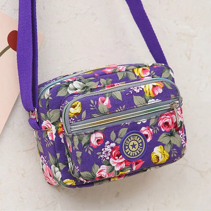 Casual Backpack Messenger Nylon Canvas Cloth Bag Shoulder Multi Layered Floral Print Mother Handbag Women's Crossbody Bag
