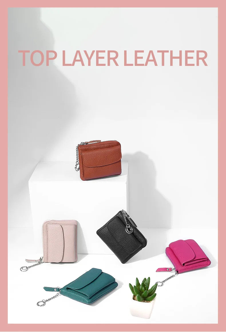 2023 New Genuine Leather Women Mini Wallet Ladies Short Wallets and Purses Zipper Leather Coin Purse Keychain Coins Pocket Bag