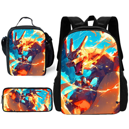 Child School Cute Anime Charizards Backpack with Lunch Bags ,Pencil Bags ,School Bags for Boys Girls Best Gift