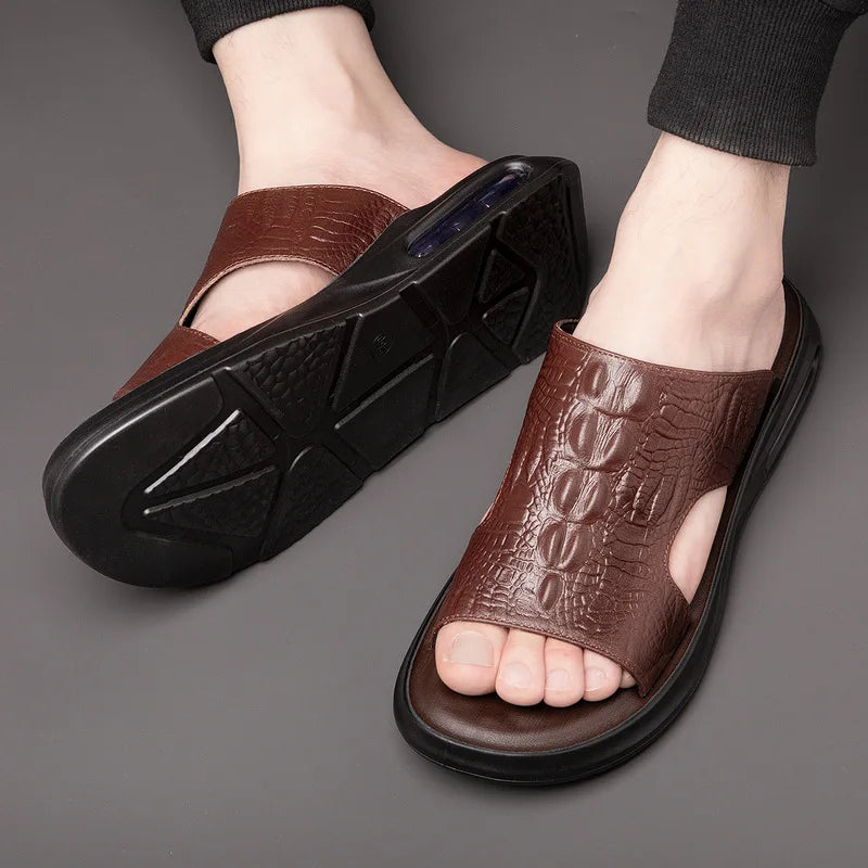 Chaussures d'été pour hommes, sandales en cuir véritable, imprimé crocodile, pantoufles décontractées, tongs à coussin d'air, chaussures de plage cool