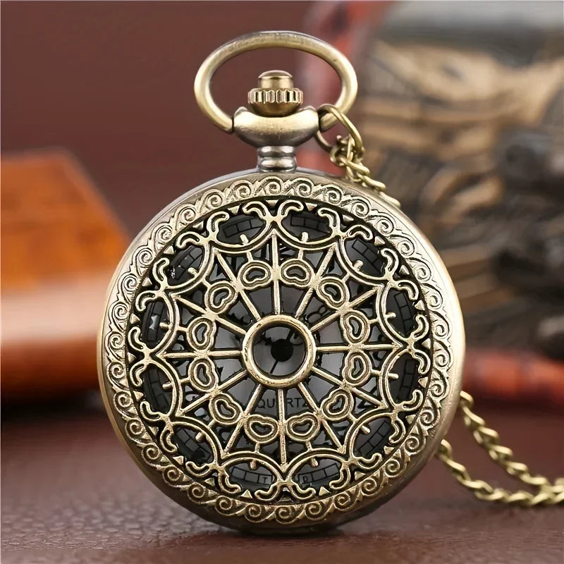 1pc Bronze Hollow Spider Web Necklace Quartz Pocket Watch, Gift For Boys
