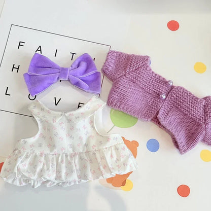 Lovely Bow Heart Flower Bud Skirt Set Decor Dress Sweater Cardigan Outfit Dolls Accessories For 17cm/38cm Labubu Doll Clothes