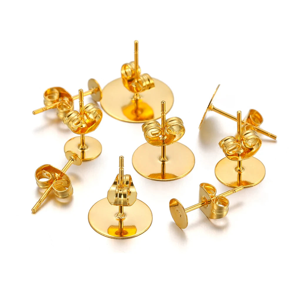 50-100pcs Stainless Steel Water Gold Earrings Studs Base Blank Post Pins Earring Plug Ear Back Findings for DIY Jewelry Making