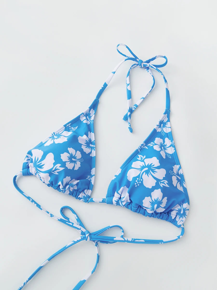Push Up Bikini Set  For Women Flower Print Sleeveless Bra with Low Waist Briefs Bathing Suit