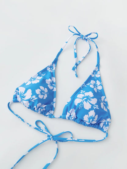 Push Up Bikini Set  For Women Flower Print Sleeveless Bra with Low Waist Briefs Bathing Suit