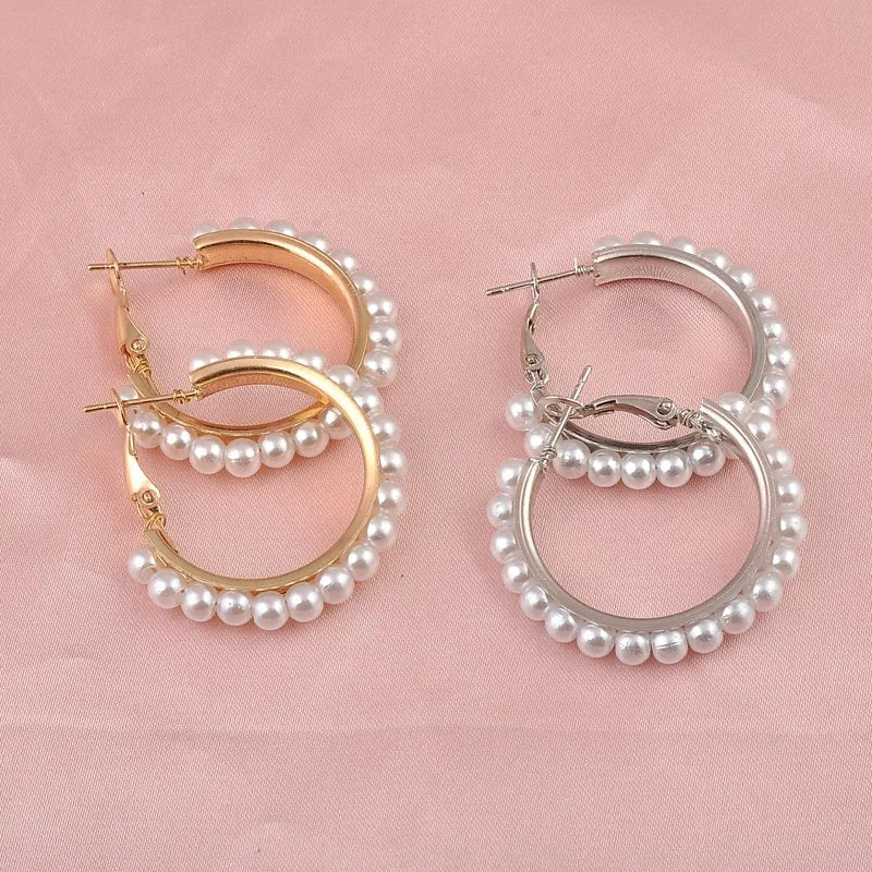 Exaggerated Imitation Pearl Round Hoop Earrings for Women Hiphop Punk Metal Creative Geometry Loop Jewelry Accessory Girl Gift