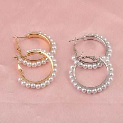 Exaggerated Imitation Pearl Round Hoop Earrings for Women Hiphop Punk Metal Creative Geometry Loop Jewelry Accessory Girl Gift