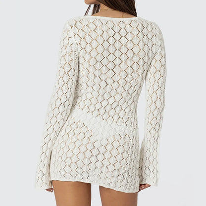 New Style Knit Solid Color Long Sleeve Dress Sexy Hollow Out Slim-Fit Beachwear Cover Up Beach Holiday Sun Protection Clothing