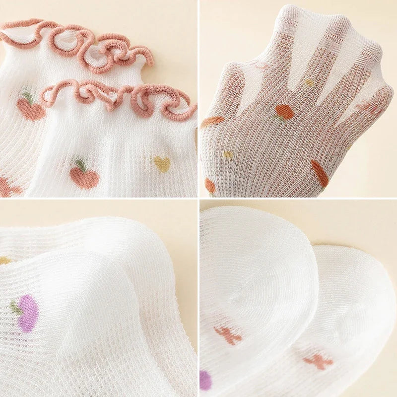 5Pairs/Set Sweet Baby Girl Socks Summer Breathable Mesh Short Sock for Toddler Korean Print Ruffled Cotton Kids Socks