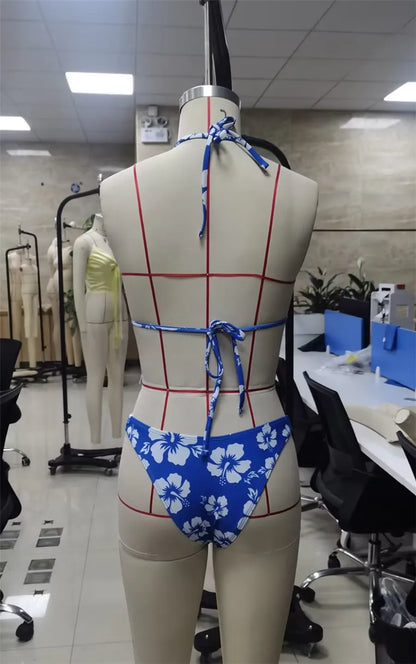 Push Up Bikini Set  For Women Flower Print Sleeveless Bra with Low Waist Briefs Bathing Suit