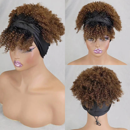 200% Density 1BT30 Afro Kinky Curly Scarf Wig with Bangs Machine Made Wig Curly 100% Human Hair Wig Preplucked for Black Women