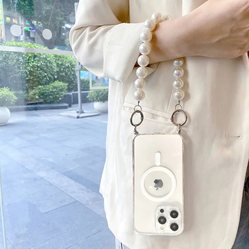 Pearl Chain Crossbody Necklace Lanyard Phone Case For iphone 16 15 14 13 11 12 Pro Max plus Magnetic Cover