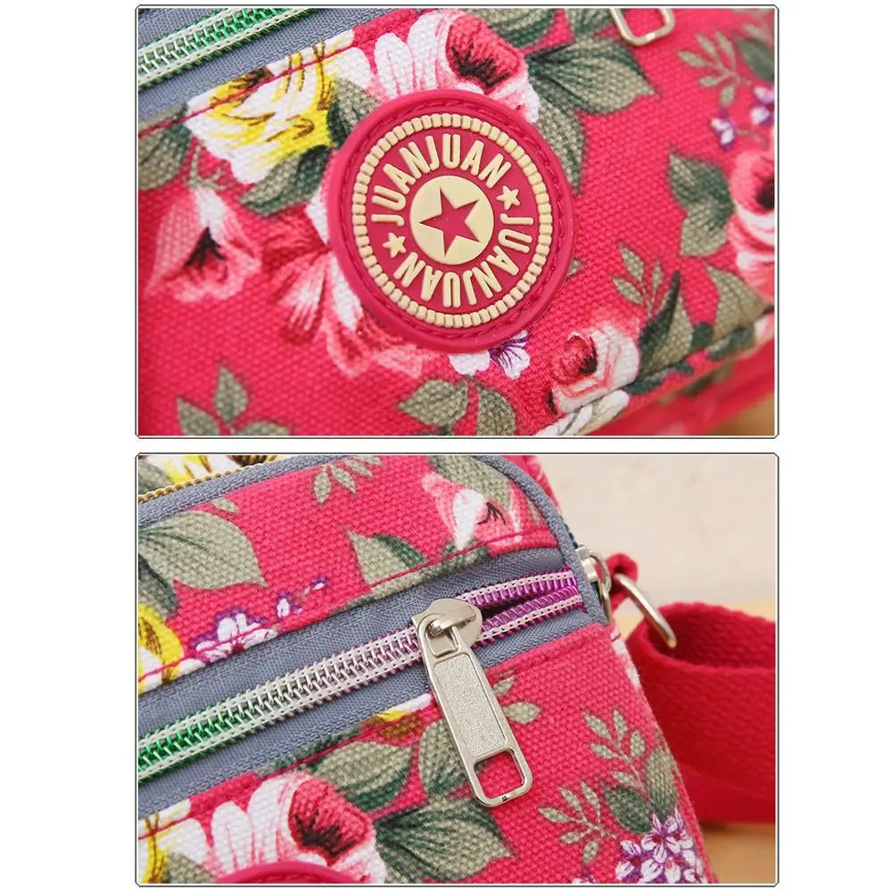 Casual Backpack Messenger Nylon Canvas Cloth Bag Shoulder Multi Layered Floral Print Mother Handbag Women's Crossbody Bag