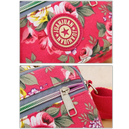 Casual Backpack Messenger Nylon Canvas Cloth Bag Shoulder Multi Layered Floral Print Mother Handbag Women's Crossbody Bag