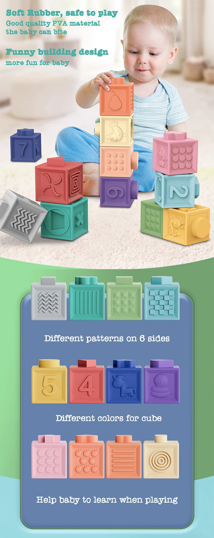 Baby Soft Rubber Cube Puzzle Montessori Toddlers Touch Early Education Squeeze Stacker Relief Gifts Kids Children Bath Toys