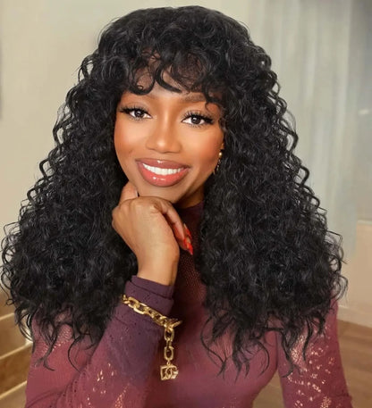 Perruques ondulées en cheveux humains avec frange pour femmes, entièrement fabriquées à la machine, 45 à 81 cm, perruque bouclée profonde, cheveux Remy, couleur naturelle