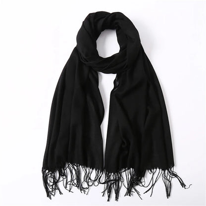 Écharpe tendance pour femme, couleur unie, hijab d'hiver, pompons, long châle, style cachemire, pashmina, bandana