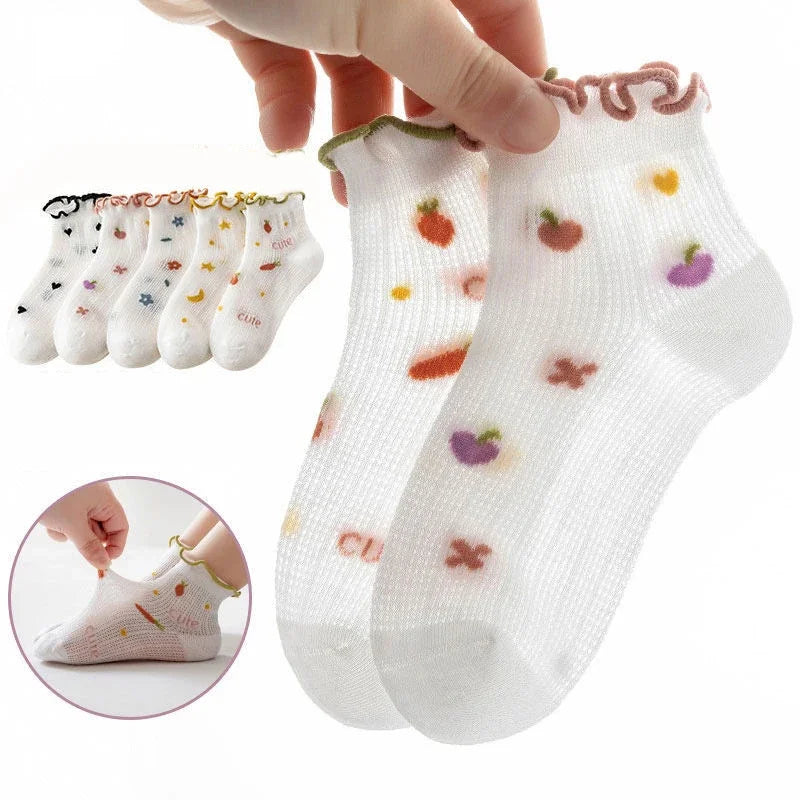 5Pairs/Set Sweet Baby Girl Socks Summer Breathable Mesh Short Sock for Toddler Korean Print Ruffled Cotton Kids Socks