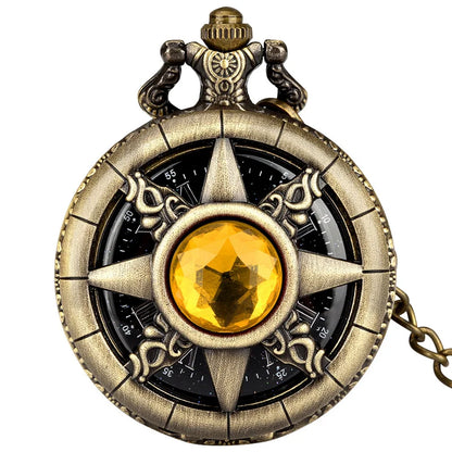 Exquisite Emerald-green Stone Bronze Case Quartz Pocket Watch Simple White Dial Chain Clock Necklace Pendant Watch for Men Women