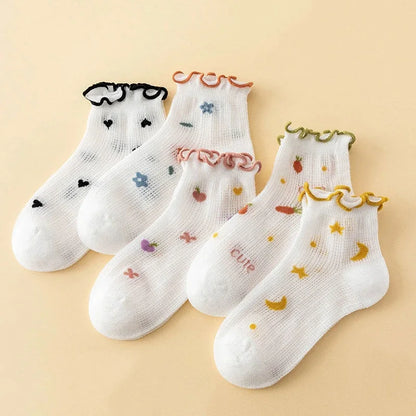 5Pairs/Set Sweet Baby Girl Socks Summer Breathable Mesh Short Sock for Toddler Korean Print Ruffled Cotton Kids Socks