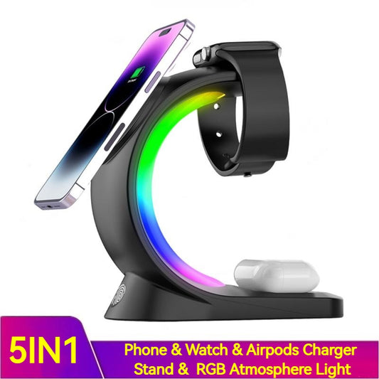 Chargeur magnétique sans fil 4 en 1, charge rapide pour smartphone, station de charge avec lumière d'ambiance pour Airpods Pro, iPhone, montre