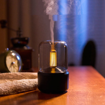 Humidificateur d'ambiance à lumière LED, diffuseur d'arômes aux chandelles, portable, 120 ml, humidificateur d'air électrique USB, brumisateur à brume fraîche, 8 à 12 heures d'autonomie, veilleuse LED
