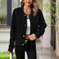 Women's Solid Color Button-Up Long Sleeve Jacket - Ribbed Texture Casual Top For Spring & Fall