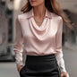 Women's Elegant Long Sleeve Blouse - Solid Color Lapel Top With Ruched Chest Detail Office & Casual Wear For Spring Fall
