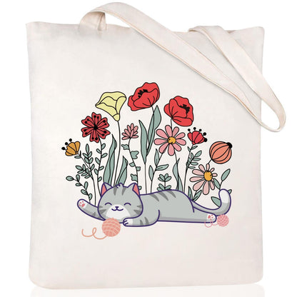 Cartoon Cat Printed Canvas Shoulder Bag Folding Hand Bag