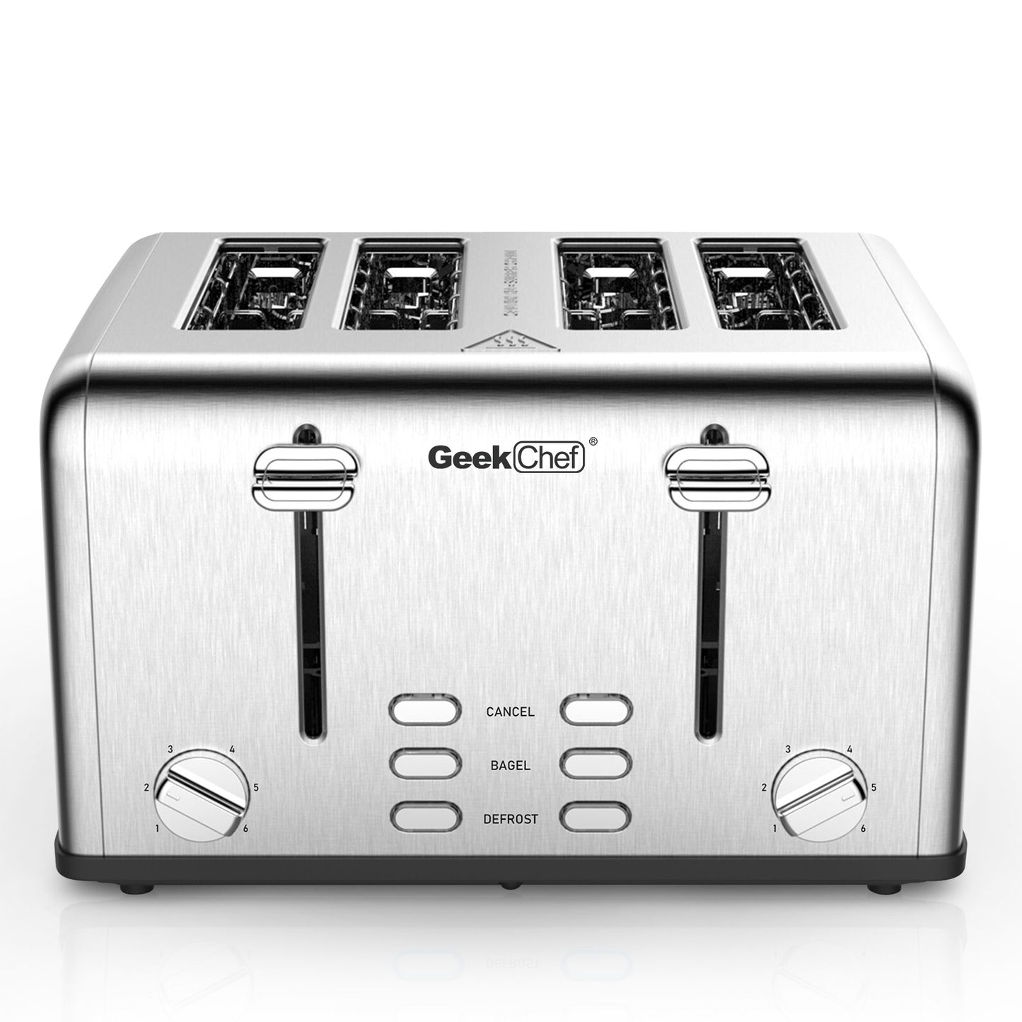 Grille-pain 4 tranches Geek Chef en acier inoxydable à fentes extra-larges avec double panneau de commande pour bagels, décongélation et annulation. Interdiction d'Amazon.