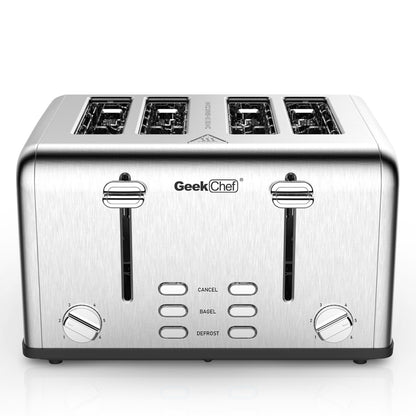 Grille-pain 4 tranches Geek Chef en acier inoxydable à fentes extra-larges avec double panneau de commande pour bagels, décongélation et annulation. Interdiction d'Amazon.