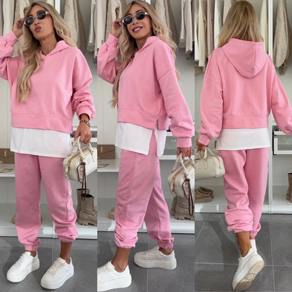 Hooded Sweatshirt Suit Loose Long Sleeve False Two-piece Tops And Jogger Sports Trousers Casual Spots Set For Women's Clothing