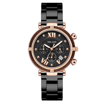Women's Three-eye Calendar Alloy Steel Quartz Watch