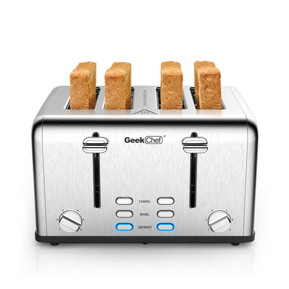 Grille-pain 4 tranches Geek Chef en acier inoxydable à fentes extra-larges avec double panneau de commande pour bagels, décongélation et annulation. Interdiction d'Amazon.