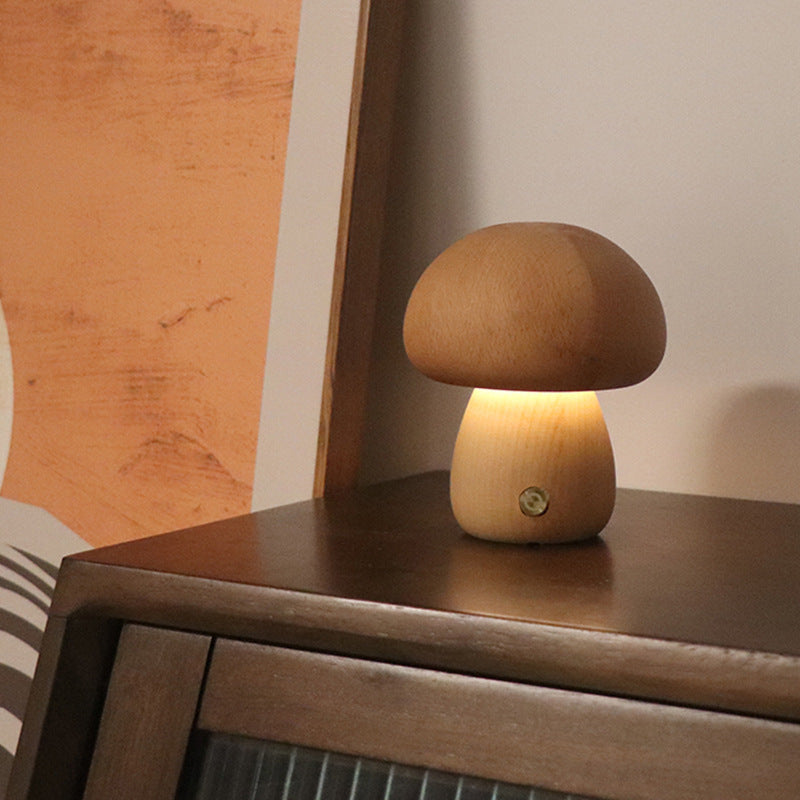 Veilleuse LED en bois en forme de champignon avec interrupteur tactile, idéale pour la chambre d'un enfant ou comme veilleuse décorative