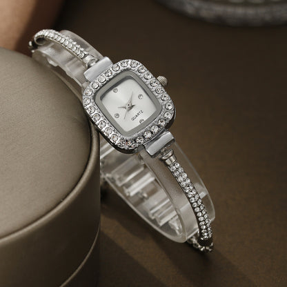 Decorative Alloy All-match Square Rhinestone-encrusted Chain Women's Quartz Bracelet Watch Small Beads Jewelry Suit